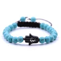 Gemstone Woven Ball Bracelets, with Nylon Cord & Brass, Hamsa, plumbum black color plated, natural & Unisex & adjustable & micro pave cubic zirconia, 8mm Inch 