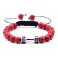 Gemstone Woven Ball Bracelets, with Nylon Cord & Brass, Barbell, silver color plated, natural & Unisex & adjustable & micro pave cubic zirconia, 8mm Inch 