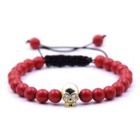 Gemstone Woven Ball Bracelets, with Nylon Cord & Brass, Skull, gold color plated, natural & Unisex & adjustable & micro pave cubic zirconia 8mm Inch 