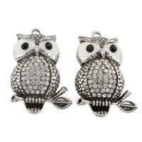 Zinc Alloy Animal Pendants, Owl, antique silver color plated, with rhinestone, lead & cadmium free Approx 4mm 