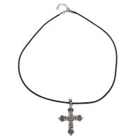 Zinc Alloy Necklace, with PU Leather, with 50mm extender chain, Cross, antique silver color plated, with rhinestone, lead & cadmium free Approx 18.9 Inch 