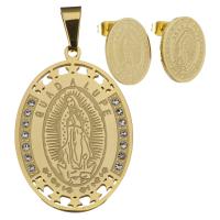 Stainless Steel Saint Jewelry Sets, pendant & earring, Flat Oval, gold color plated, with letter pattern & for woman & with rhinestone  Approx 