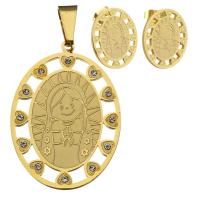 Rhinestone stainless steel Jewelry Set, pendant & earring, Flat Oval, gold color plated, for woman & with rhinestone  Approx 