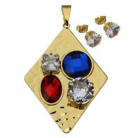 Stainless Steel Jewelry Set, pendant & earring, with Crystal, Rhombus, gold color plated, for woman & faceted 8mm Approx 