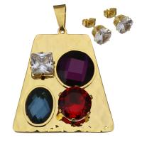 Stainless Steel Jewelry Set, pendant & earring, with Crystal, Trapezium, gold color plated, for woman & faceted 8mm Approx 