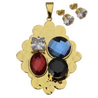 Stainless Steel Jewelry Set, pendant & earring, with Crystal, Flower, gold color plated, for woman & faceted 8mm Approx 