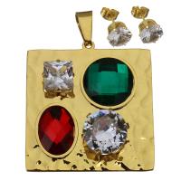 Stainless Steel Jewelry Set, pendant & earring, with Crystal, Rectangle, gold color plated, for woman & faceted 8mm Approx 