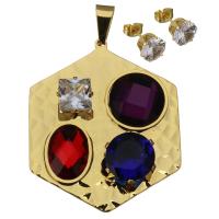 Stainless Steel Jewelry Set, pendant & earring, with Crystal, Hexagon, gold color plated, for woman & faceted 8mm Approx 