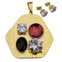 Stainless Steel Jewelry Set, pendant & earring, with Crystal, gold color plated, for woman & faceted 8mm Approx 