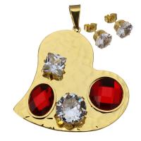 Stainless Steel Jewelry Set, pendant & earring, with Crystal, Heart, gold color plated, for woman & faceted 8mm Approx 