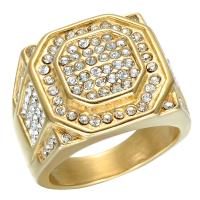 Titanium Steel Finger Ring, gold color plated & for man & with rhinestone, 17mm 
