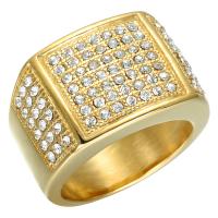 Titanium Steel Finger Ring, gold color plated & for man & with rhinestone, 15mm 