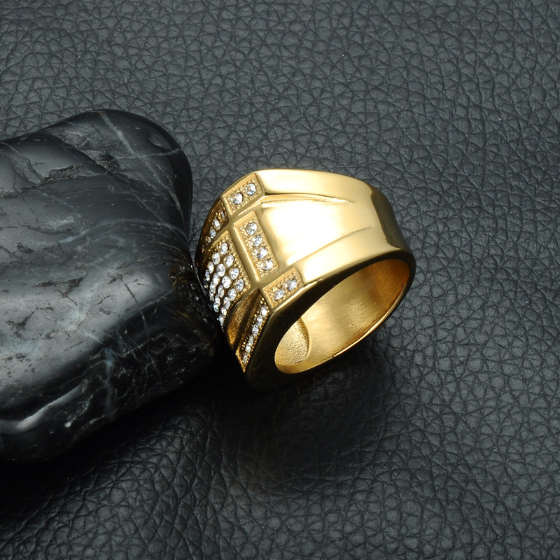 Titanium Steel Finger Ring, gold color plated, different size for choice & for man & with rhinestone, 18mm, Sold By PC