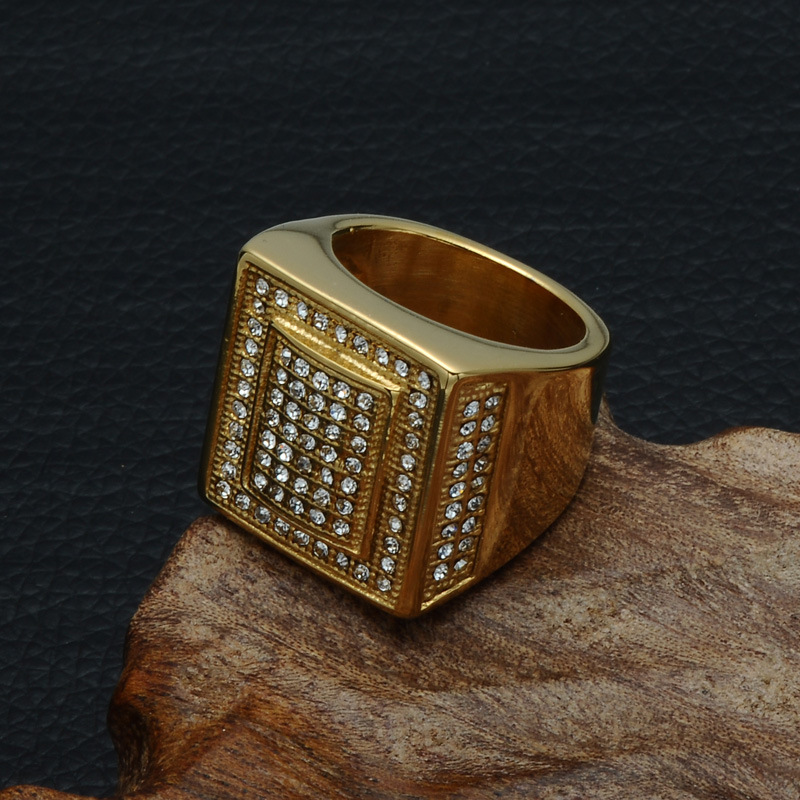Titanium Steel Finger Ring, gold color plated, different size for choice & for man & with rhinestone, 22mm, Sold By PC