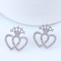 Brass Stud Earring, Heart, platinum plated, micro pave cubic zirconia & for woman, nickel, lead & cadmium free 