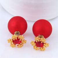 Brass Double Faced Stud Earring, with Acrylic, Round, real gold plated, for woman & with cubic zirconia, red, nickel, lead & cadmium free 