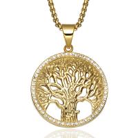 Titanium Steel Necklace, Tree, gold color plated, box chain & for man & with rhinestone & hollow Approx 22 Inch 