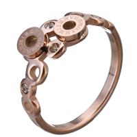 Rhinestone Stainless Steel Finger Ring, rose gold color plated, with roman number & for woman & with rhinestone, 9mm 