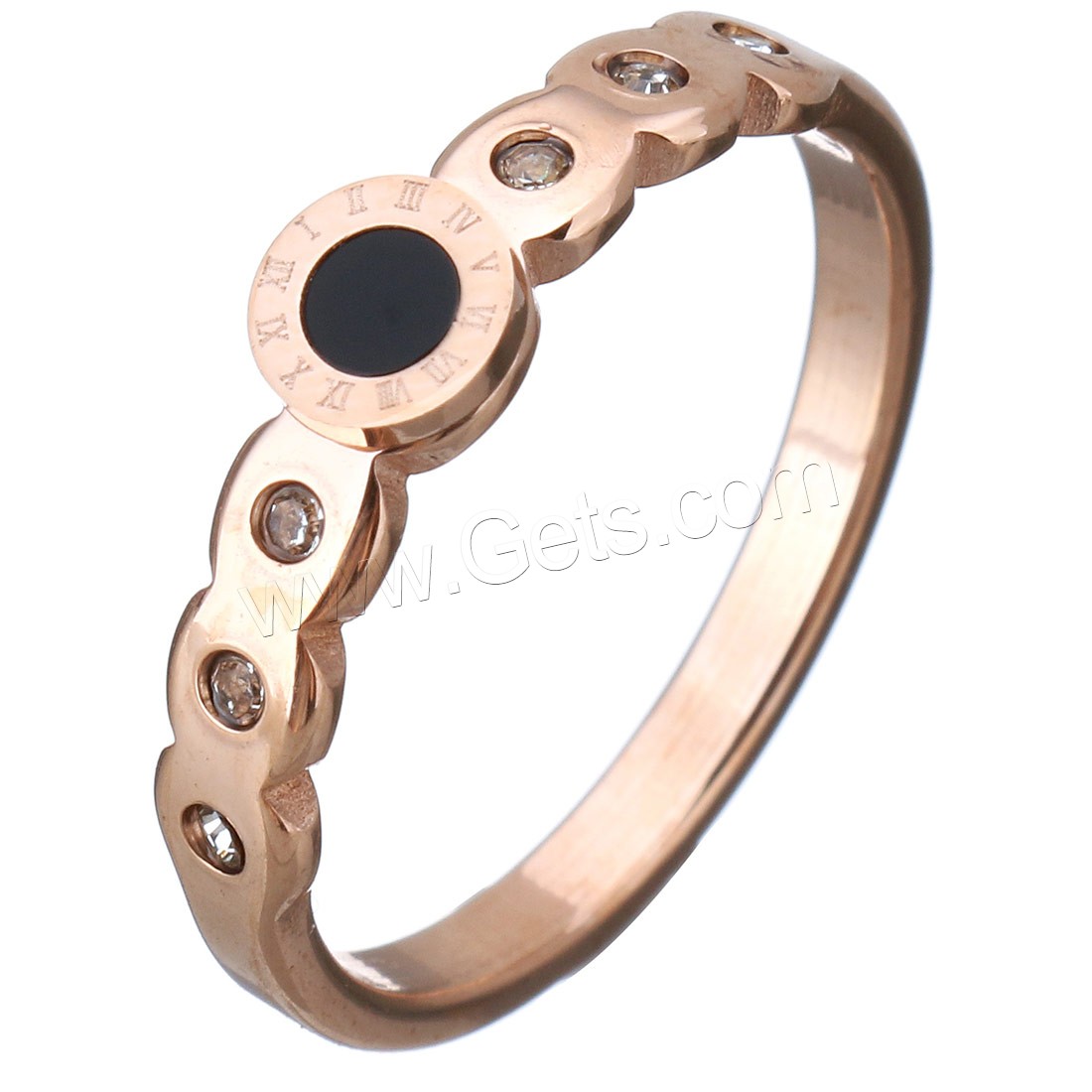 нержавеющая сталь Кольцо, с канифоль, плакированный цветом розового золота, с римская цифра & разный размер для выбора & Женский & со стразами, 5mm, продается PC