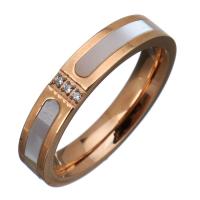 Stainless Steel Finger Ring, with White Shell, rose gold color plated & for woman & with rhinestone, 4mm 