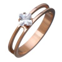 Stainless Steel Finger Ring, with Crystal, rose gold color plated & for woman & faceted, 6mm 