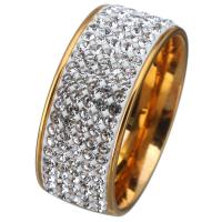 Stainless Steel Finger Ring, with Rhinestone Clay Pave, gold color plated & for woman, 9mm 