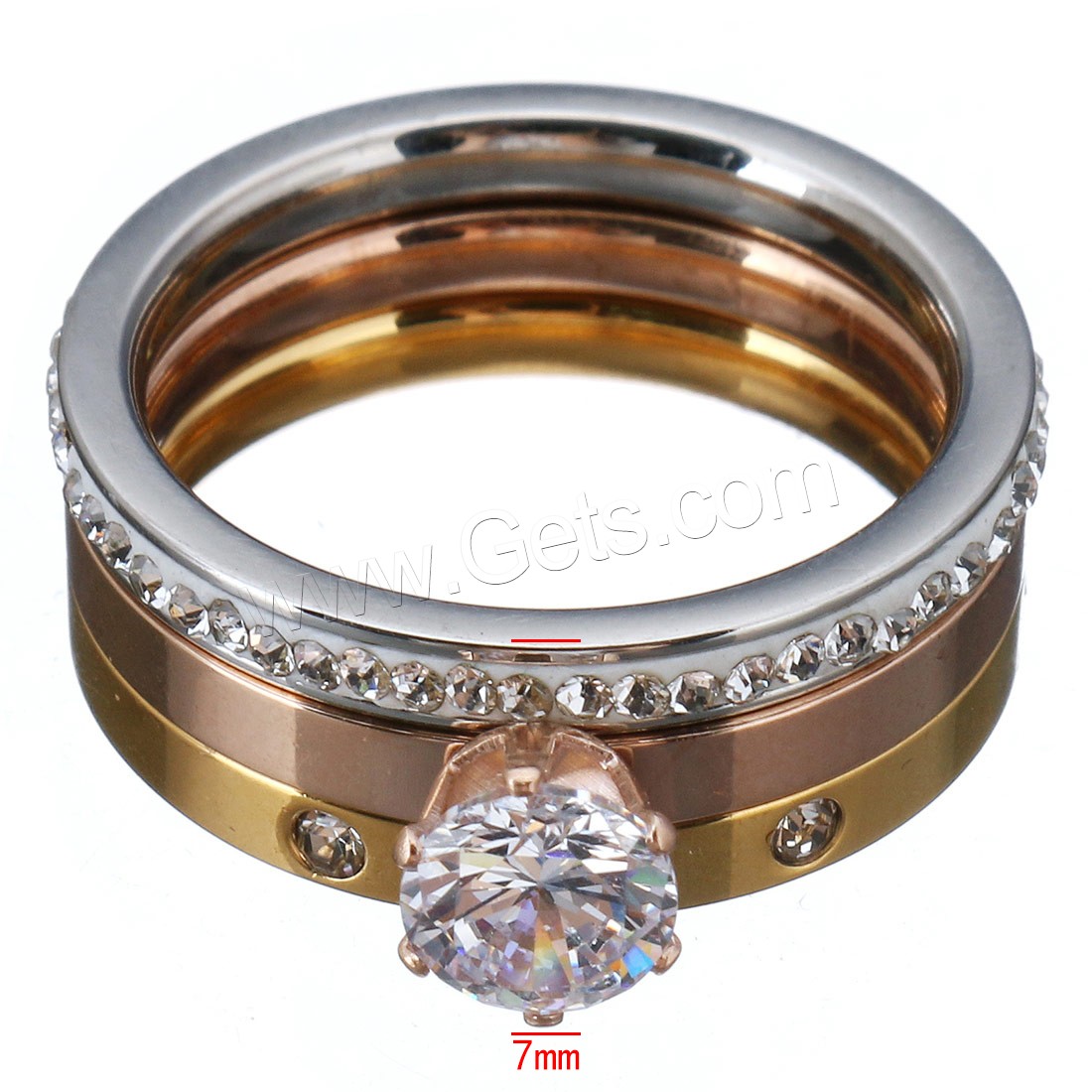 acero inoxidable anillo, con Arcilla analiar de diamantes de imitación AB & Cristal, chapado, diverso tamaño para la opción & para mujer & facetas, 7mm, 3PCs/Set, Vendido por Set