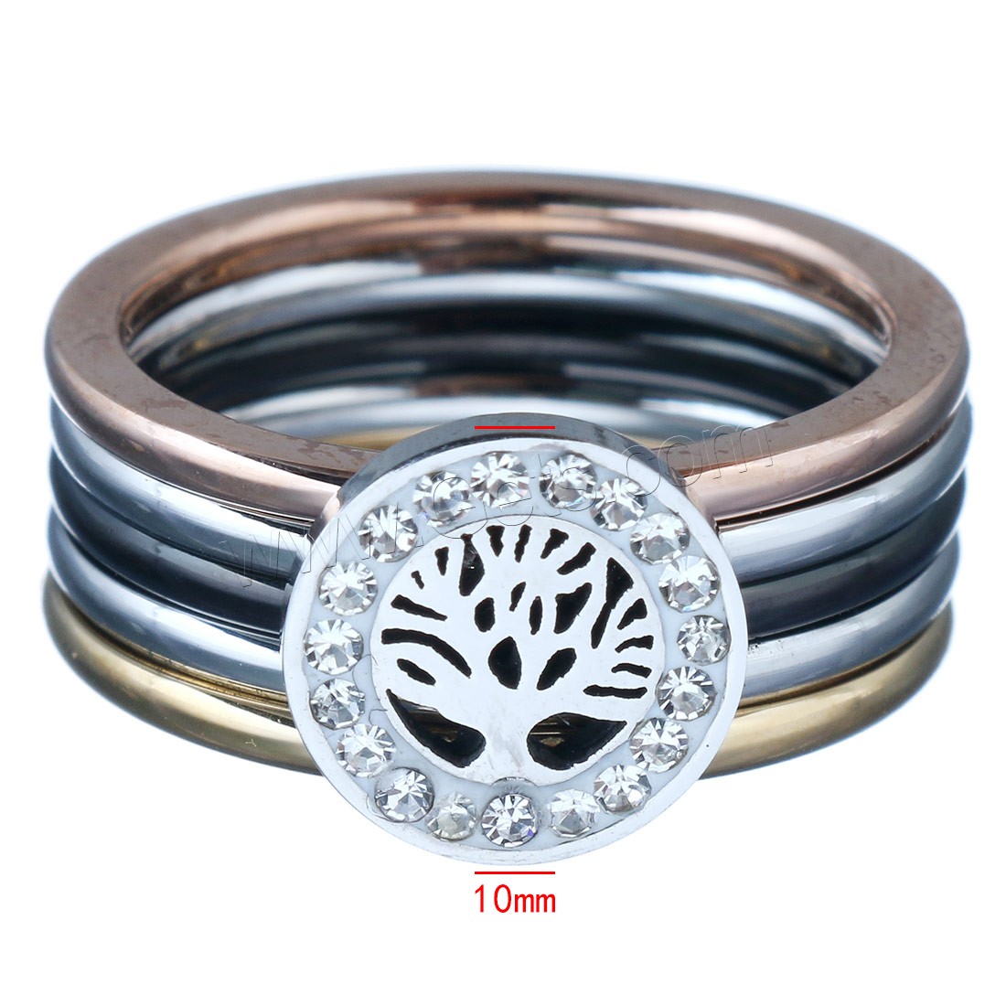 Stainless Steel Finger Ring, with Rhinestone Clay Pave, Tree, plated, different size for choice & for woman, 10mm, Sold By PC