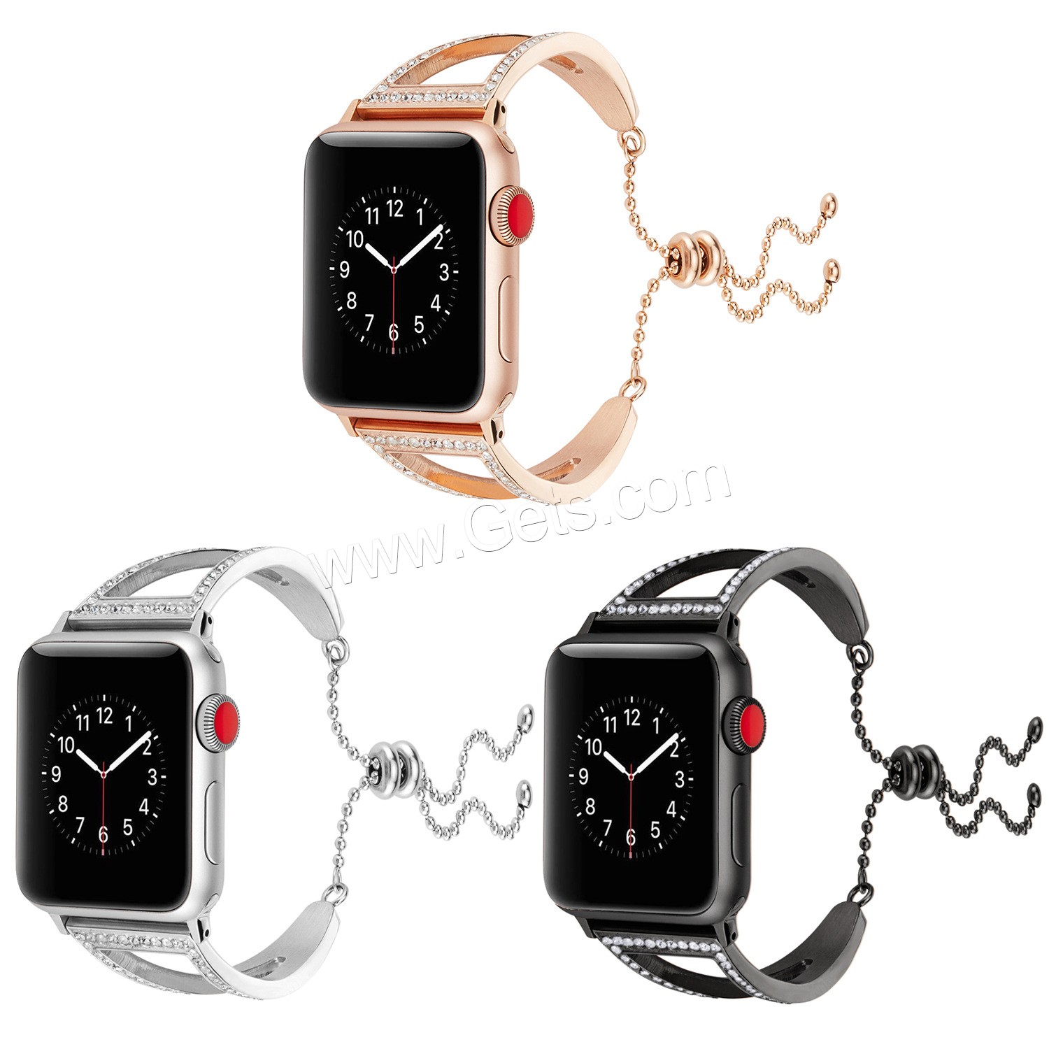 Stainless Steel Watch Band, plated, for Apple Watch & different size for choice & with rhinestone, more colors for choice, Length:Approx 5.5 Inch, Sold By PC