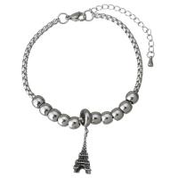 Stainless Steel Charm Bracelet, with 2Inch extender chain, Eiffel Tower, adjustable & box chain & for woman & blacken  3mm Approx 7 Inch 
