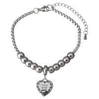 Stainless Steel Charm Bracelet, with 2Inch extender chain, Heart, plated, adjustable & box chain & with letter pattern & for woman & blacken  3mm Approx 7 Inch 