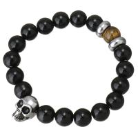 Black Agate Bracelet, with Tiger Eye & Stainless Steel, Skull, for woman & blacken 10mm Approx 7 Inch 