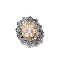 Brass Brooch, with Freshwater Pearl, Flower, plated, micro pave cubic zirconia & for woman 