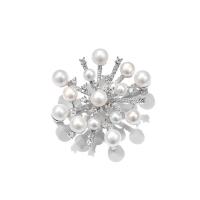 Brass Brooch, with Freshwater Pearl, Snowflake, platinum plated, micro pave cubic zirconia & for woman 