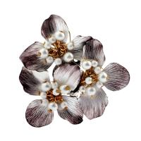 Iron Brooch, with Plastic Pearl, Flower, platinum color plated, for woman & enamel 