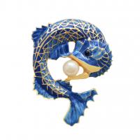 alliage de zinc broche, avec perle de plastique, poisson, Placage de couleur d'or, unisexe & émail, bleu Vendu par PC