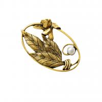 Zinc Alloy Brooch, with Plastic Pearl, Leaf, antique gold color plated, Unisex & hollow 