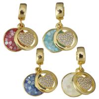 Brass European Pendant, with Shell, Flat Round, real gold plated, micro pave cubic zirconia & epoxy gel & without troll Approx 4.5mm 