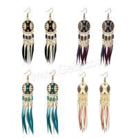 Zinc Alloy Drop Earring, with Feather & Glass Seed Beads, iron earring hook, antique gold color plated, for woman & enamel & with rhinestone lead & cadmium free 