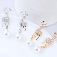 Brass Drop Earring, with ABS Plastic Pearl, Deer, plated, micro pave cubic zirconia & for woman nickel, lead & cadmium free 