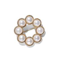 Brass Brooch, with Freshwater Pearl, Flower, 24K gold plated, micro pave cubic zirconia & for woman 