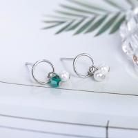 925 Sterling Silver Asymmetric Earrings, with Shell Pearl & Glass Pearl, platinum plated, for woman 