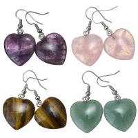 Gemstone Drop Earring, brass earring hook, Heart, silver color plated & for woman, 40mm 