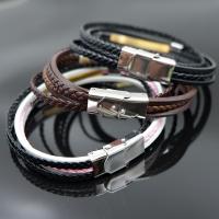 Stainless Steel Bracelet, with Leather, plated, multilayer & braided bracelet & Unisex & with rhinestone Approx 8 Inch 