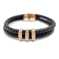 Stainless Steel Bracelet, with Leather, gold color plated, Double Layer & braided bracelet & Unisex & with rhinestone, 12mm Approx 8 Inch 