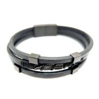 Leather Bracelet, with Stainless Steel, Leaf, black ionic, Unisex & , 12mm Approx 8 Inch 