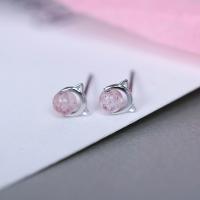 925 Sterling Silver Stud Earring, with Strawberry Quartz, Cat, platinum plated, for woman 