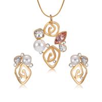Zinc Alloy Jewelry Set, Stud Earring & necklace, with Plastic Pearl, with 1.97lnch extender chain, gold color plated, snake chain & for woman & with rhinestone & hollow  Approx 17 Inch 