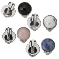 Brass Clip Earring, with Gemstone, Flat Round, silver color plated & for woman 