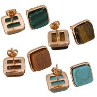 Brass Stud Earring, with Gemstone,  Square, rose gold color plated & for woman 